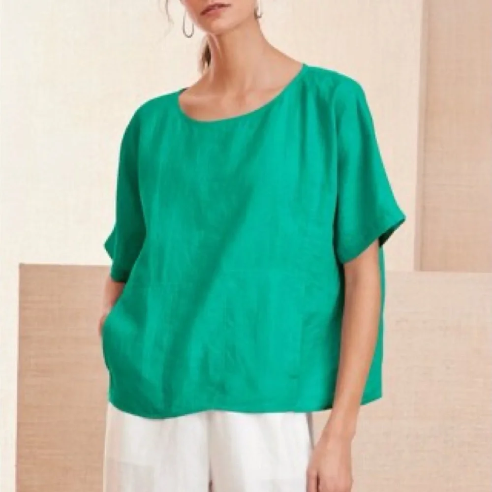 Eileen Fisher Delave Linen Top Large Green Boxy Relaxed Lagenlook Minimalist - Picture 3 of 12